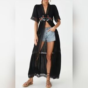 S • Forever 21 • Black Kimono with Colourful Embroidery Waist Detail